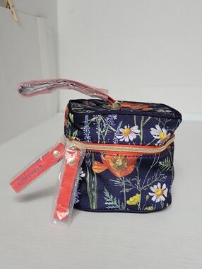 Estee Lauder Navy Floral Cosmetic Case with Orange Trim